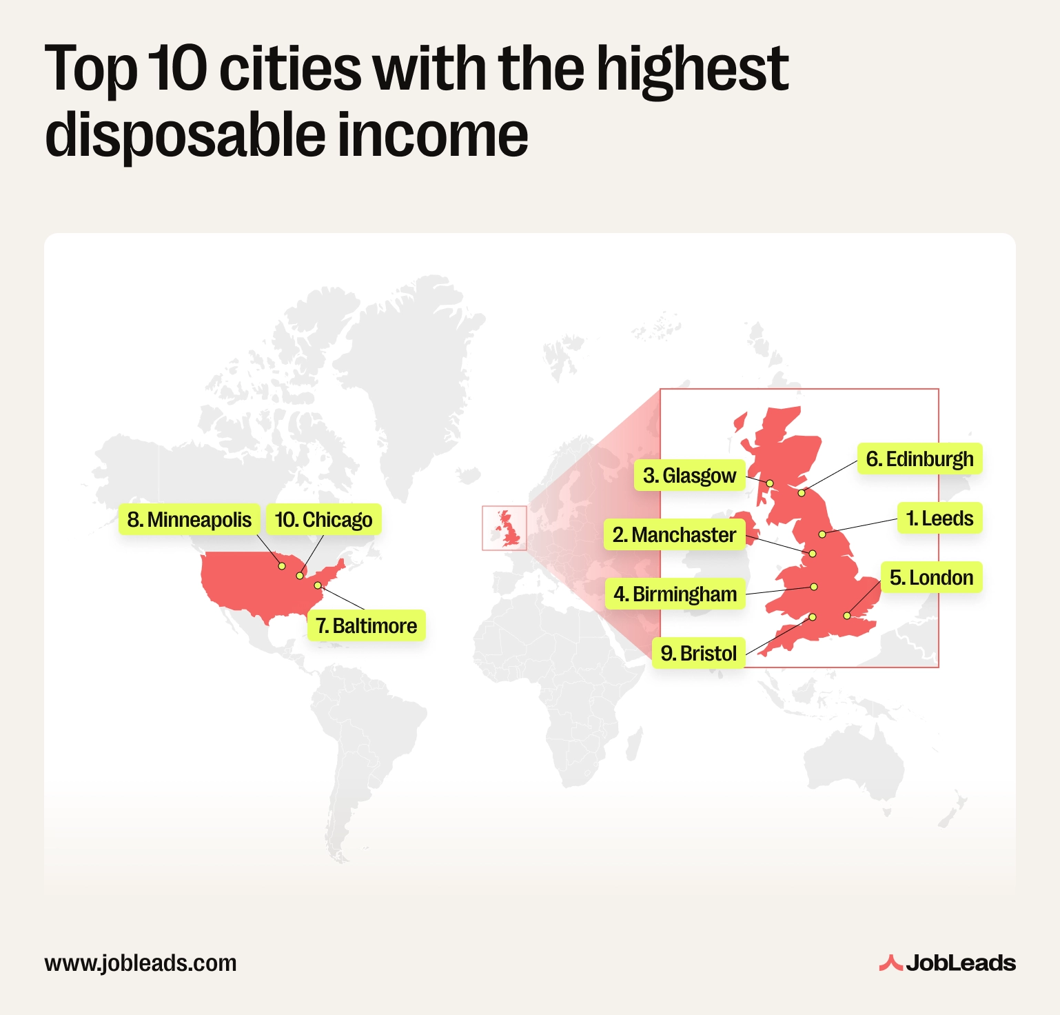 A map showing the highest paying cities in the world