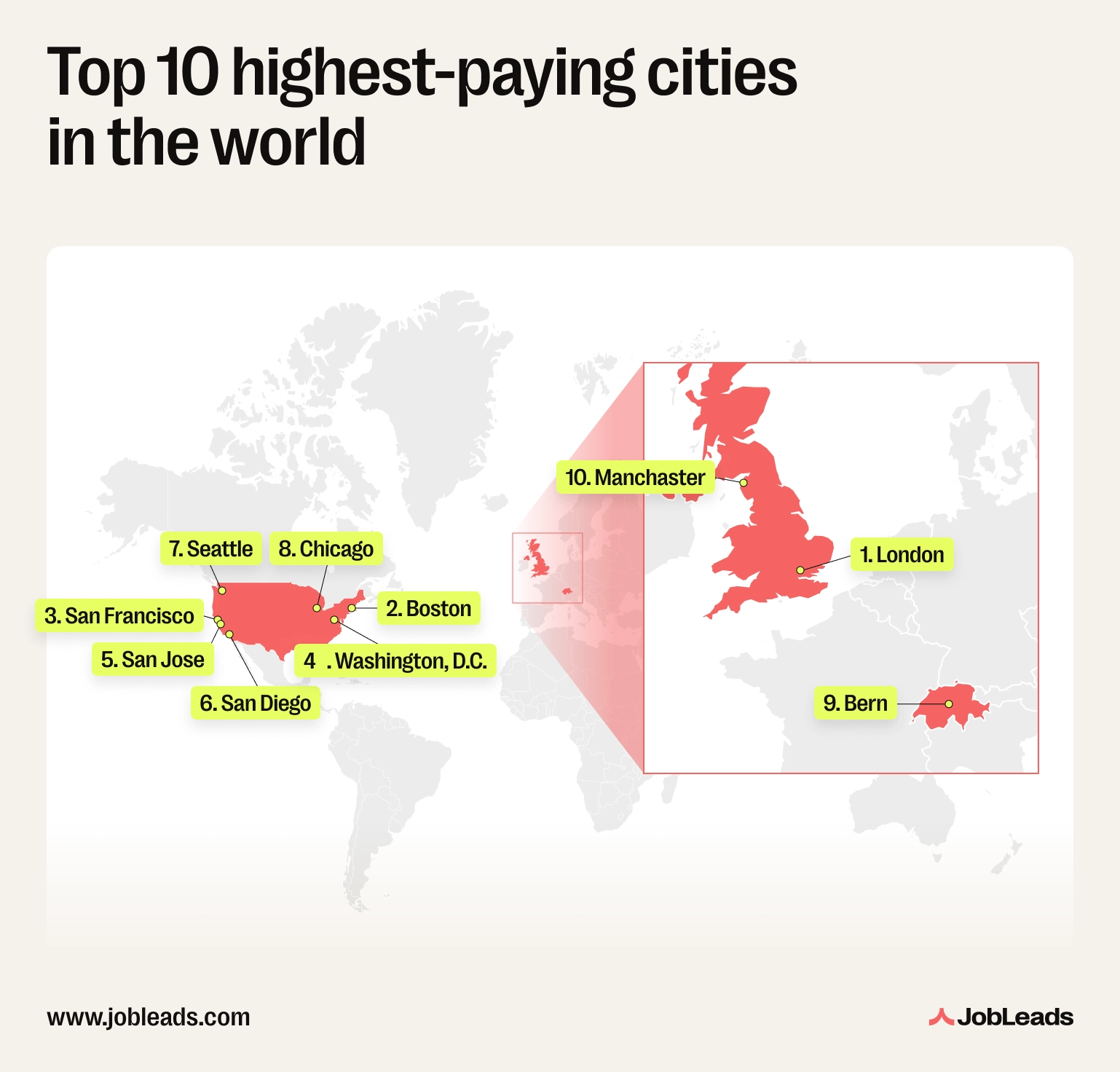 A map showing which cities have the highest salaries in the world