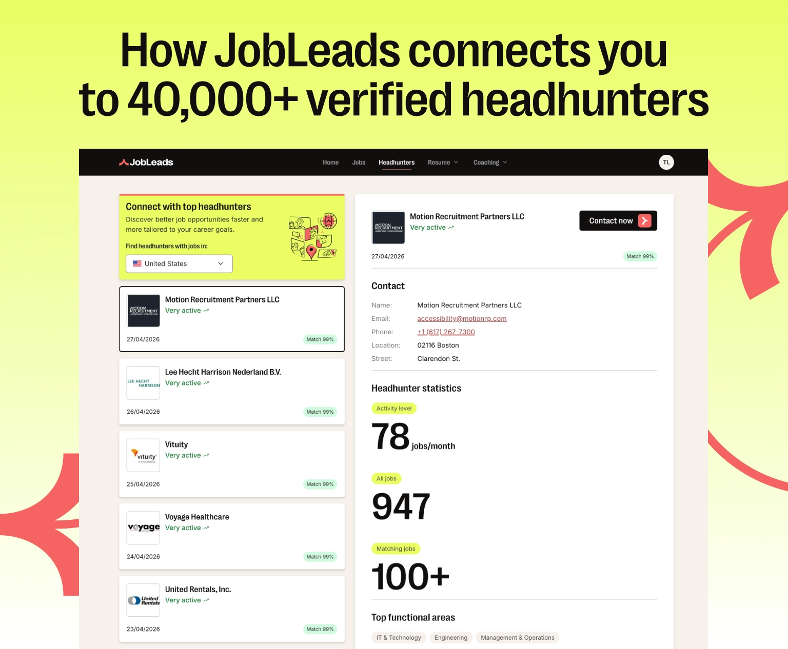 A screenshot of a search panel on JobLeads allowing to browse through a network of 40,000 headhunters