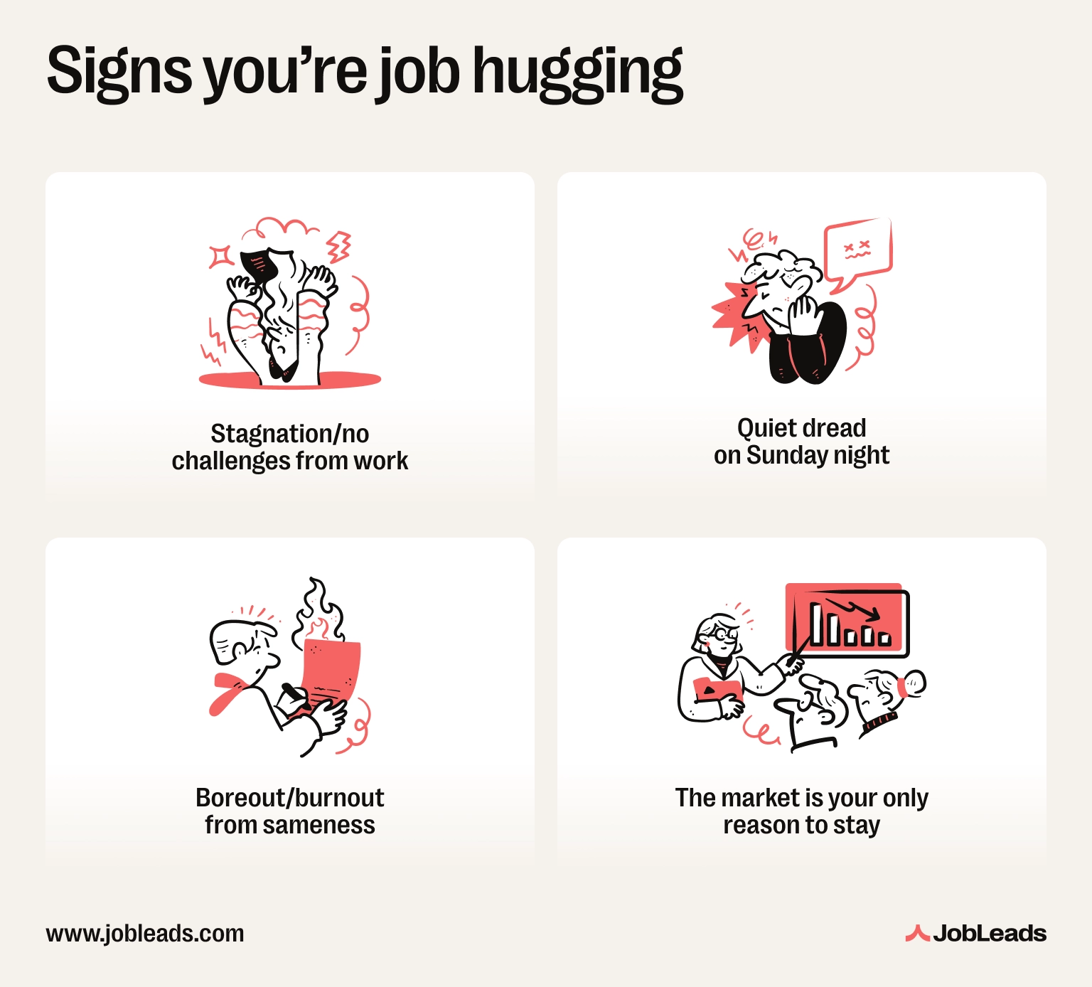 Main signs you're job hugging include stagnation, quiet dread, boreout, and the market being the only reason you stay at the job