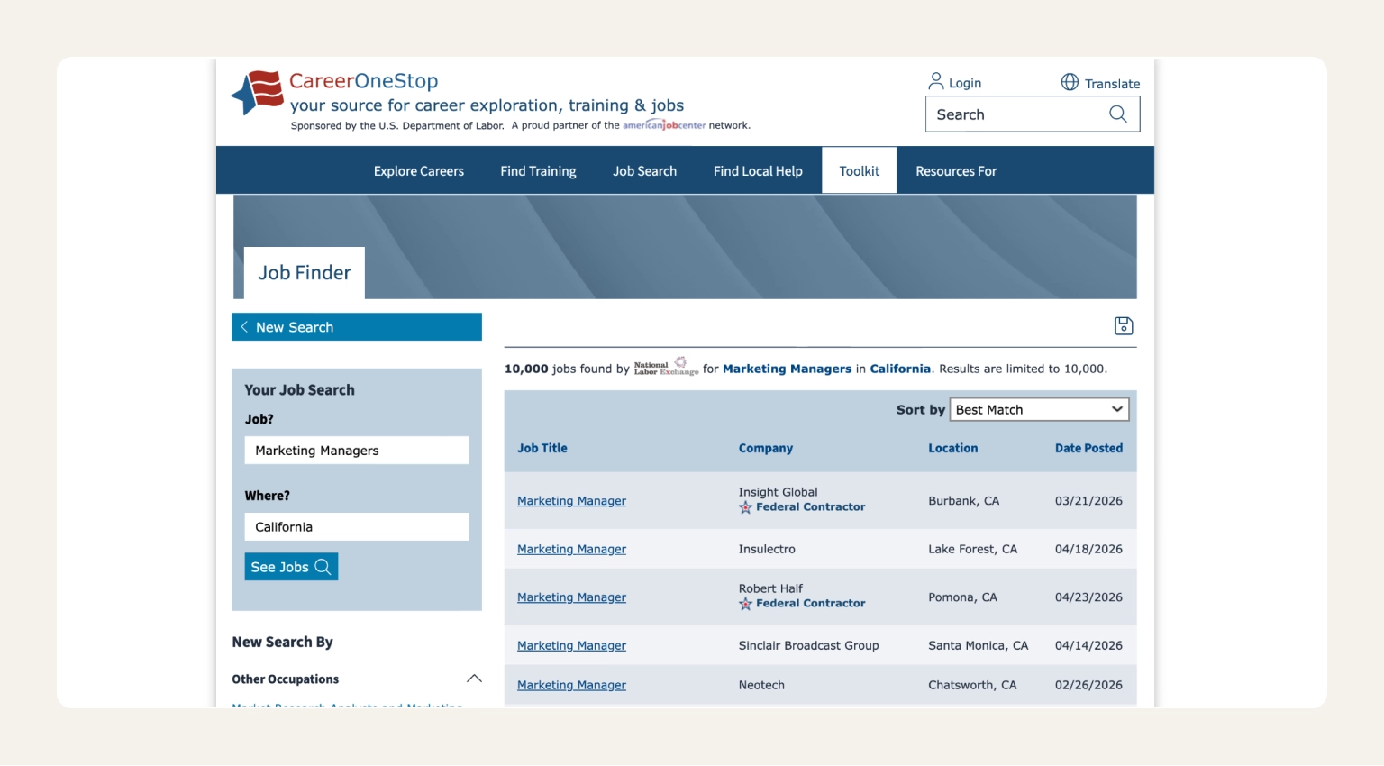 Screenshot of CareerOneStop's career platform showing job listings, training programs, and salary data