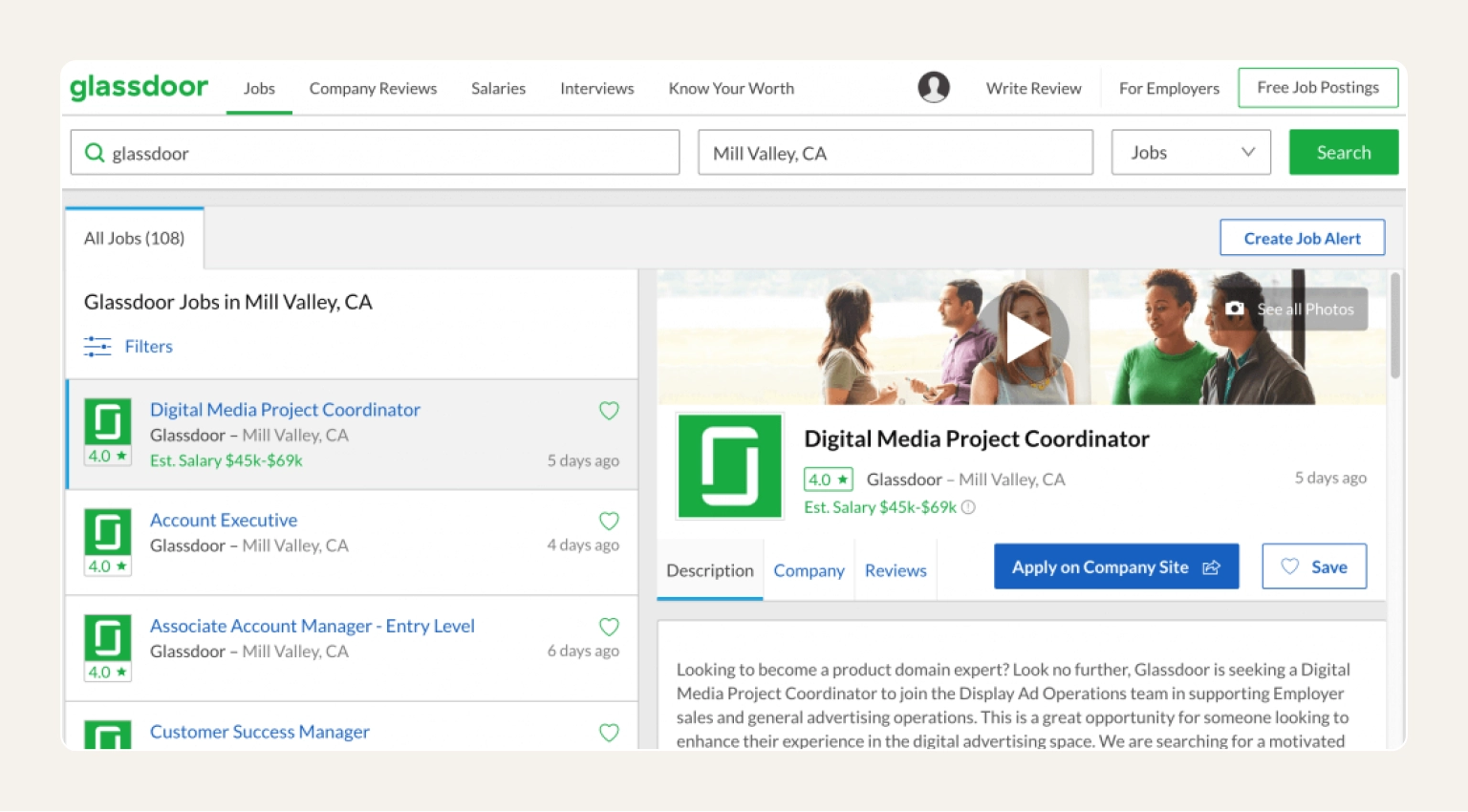 Screenshot of Glassdoor's platform showing job listings, company reviews, and salary information side by side