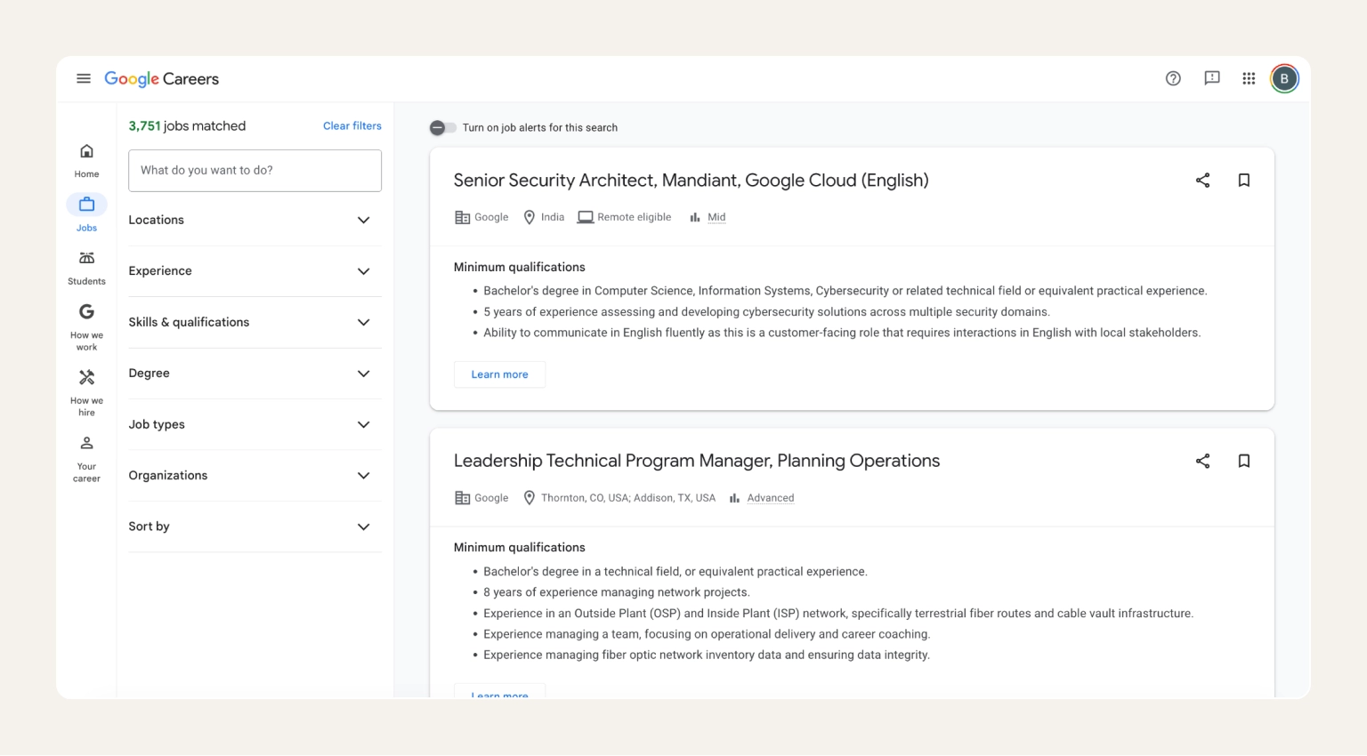 Screenshot of Google's search results page showing the Google for Jobs feature aggregating listings from multiple job boards