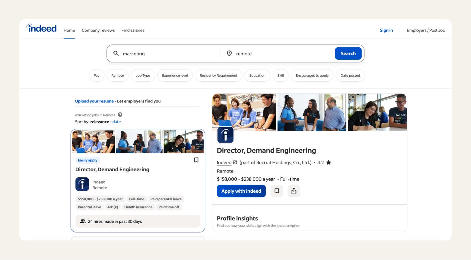 Screenshot of Indeed's homepage showing the job search engine interface with keyword and location filters