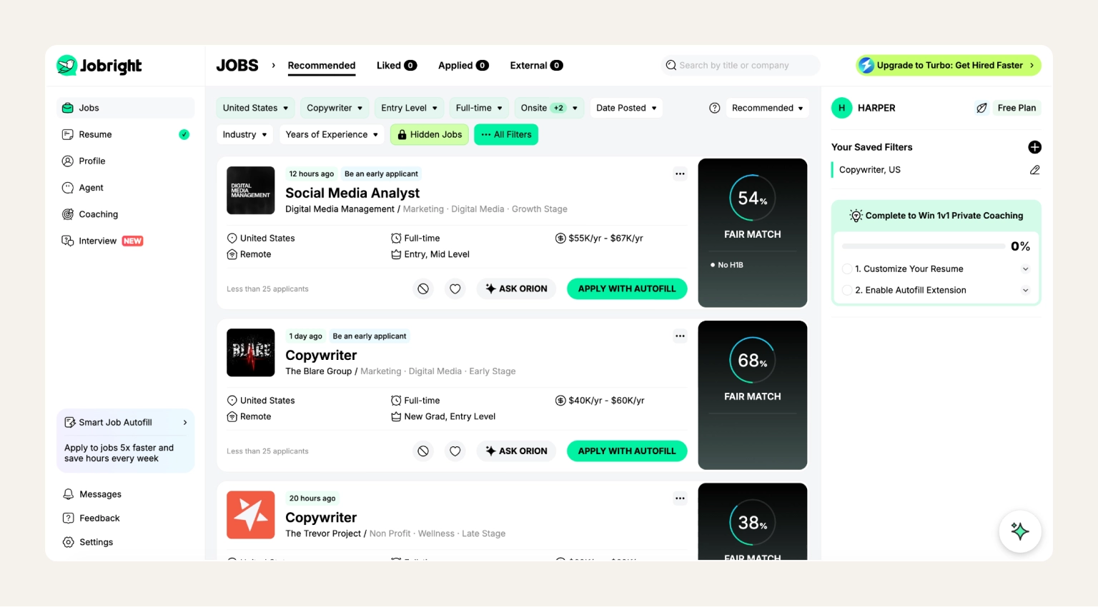Screenshot of Jobright's AI job search dashboard showing matched listings, resume scoring, and autofill applications