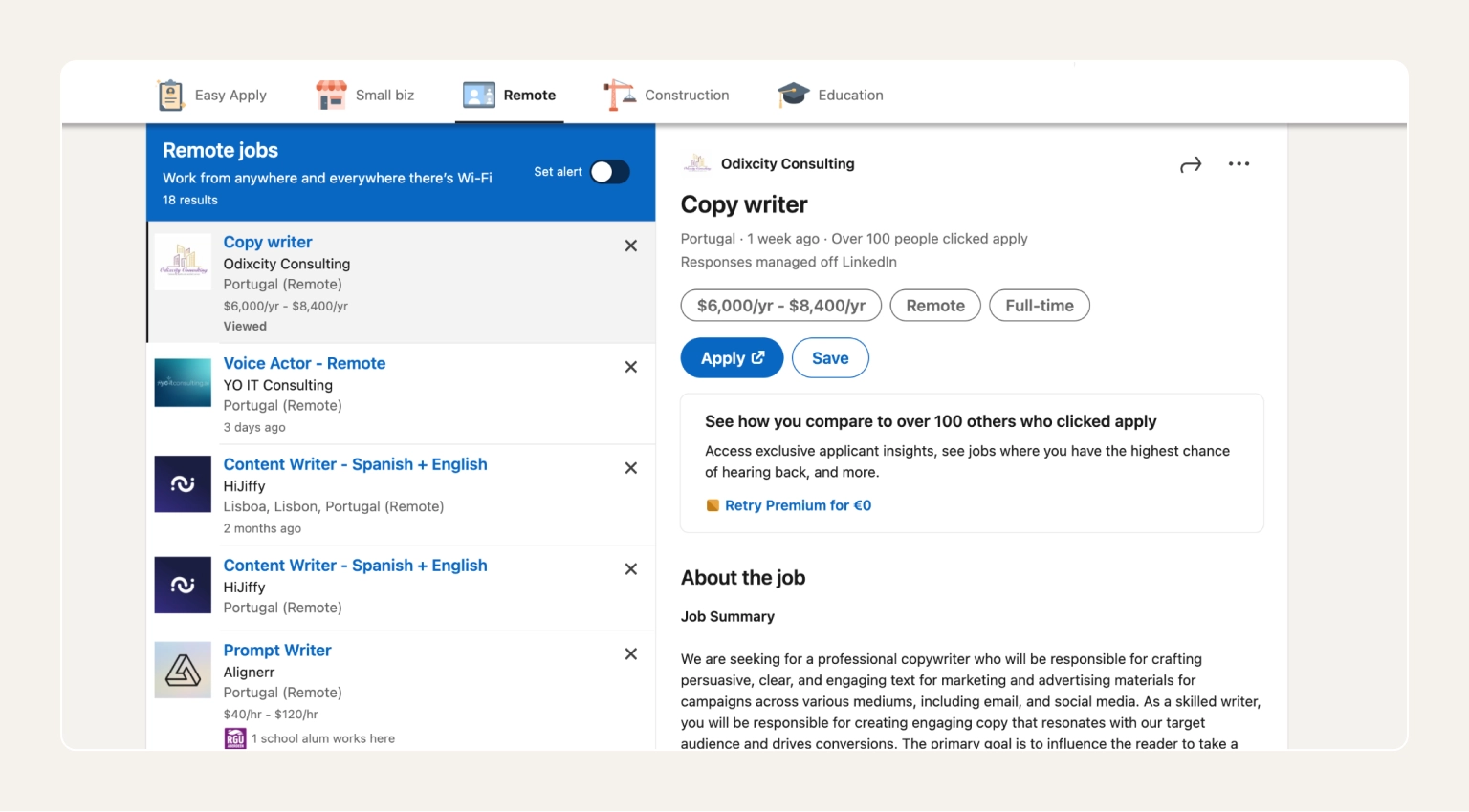 Screenshot of LinkedIn's job search tab showing recommended jobs and hiring platform filters