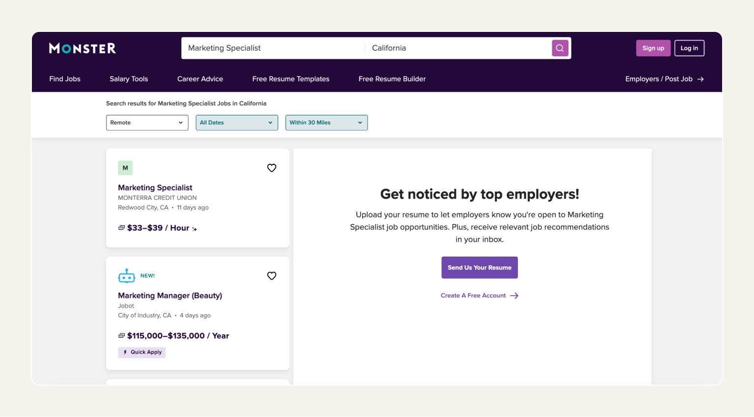 Screenshot of Monster's job search homepage with keyword and location search fields