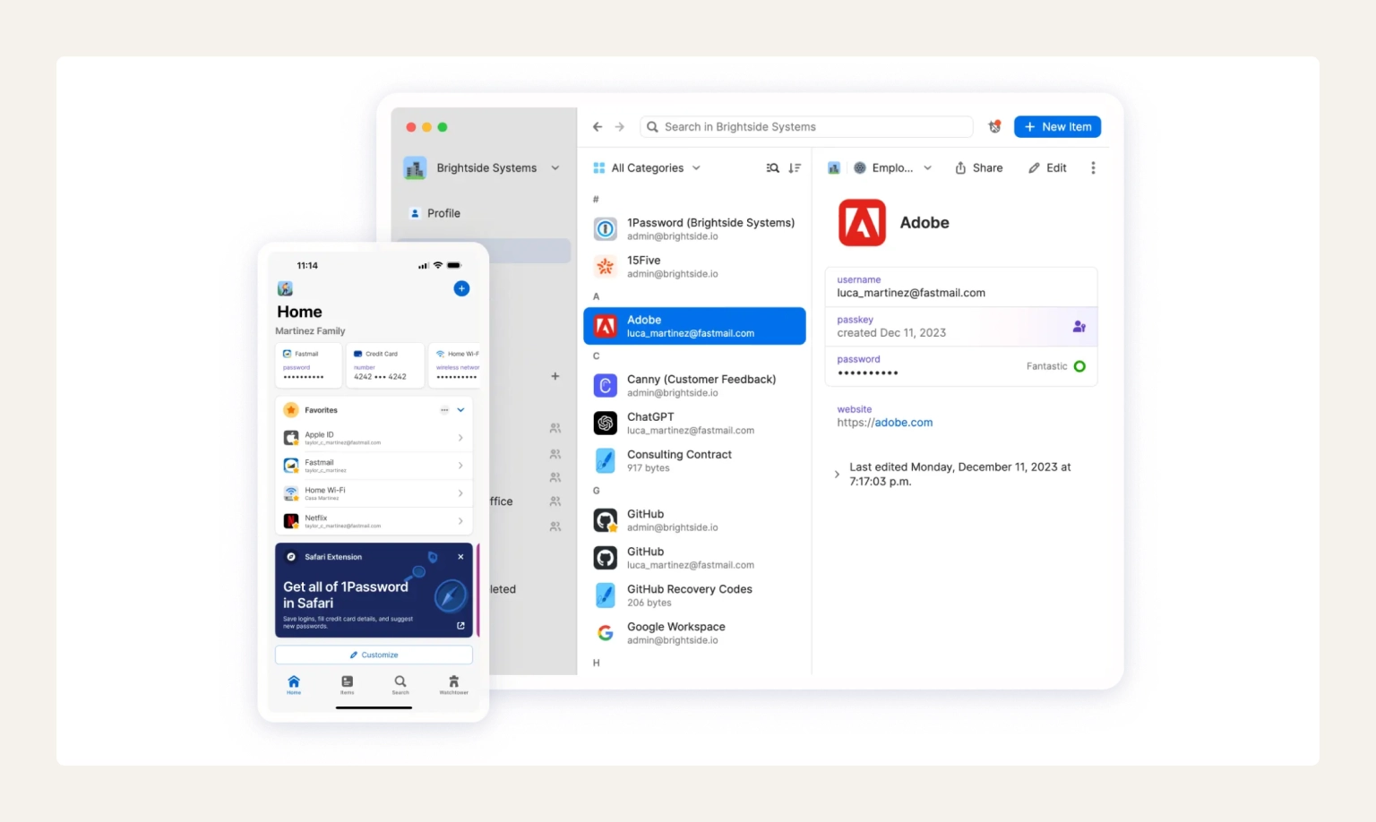 Screenshot of a 1Password team vault showing shared logins organized by category