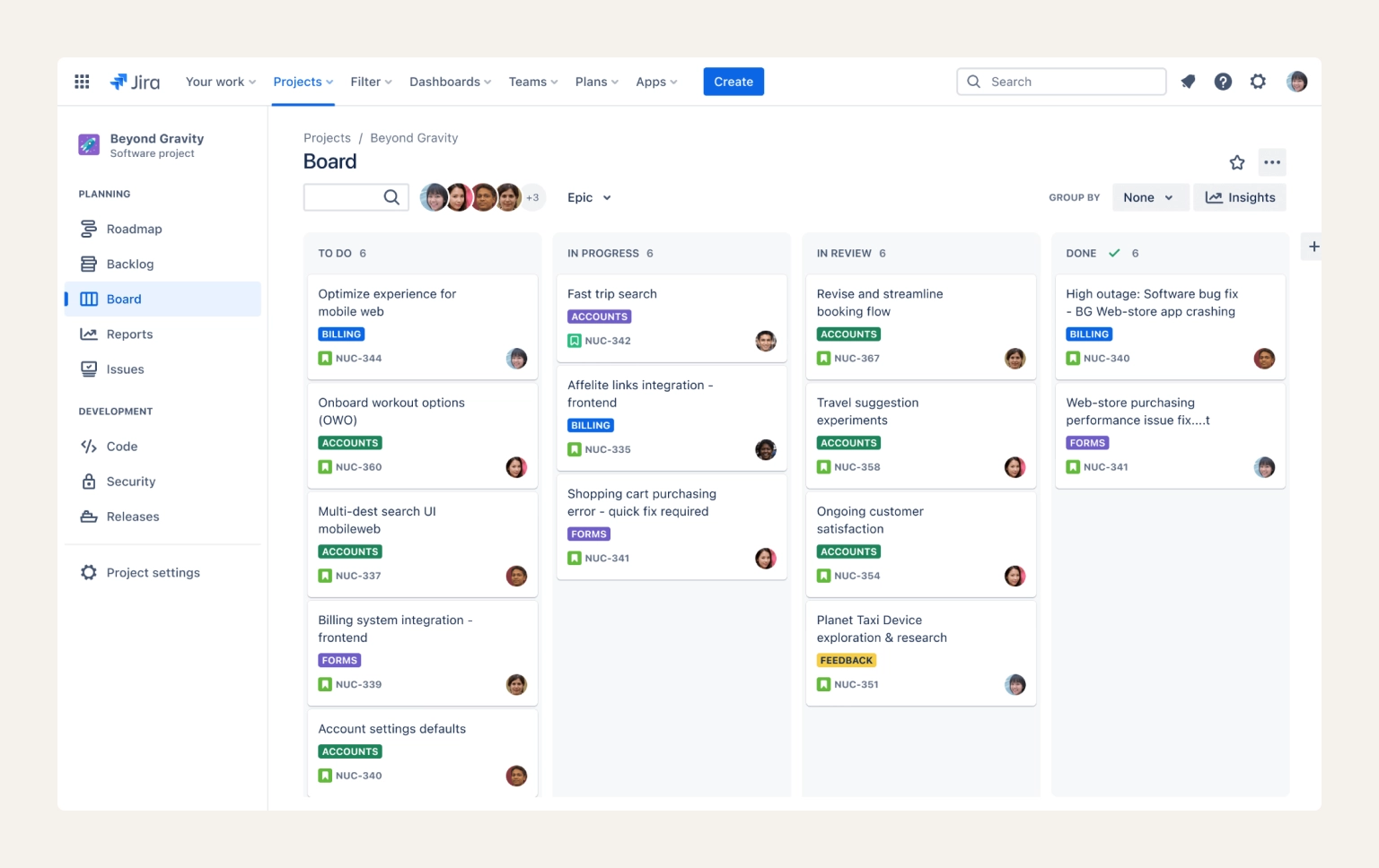 Screenshot of a Jira sprint board showing tickets across to-do, in-progress, and done columns