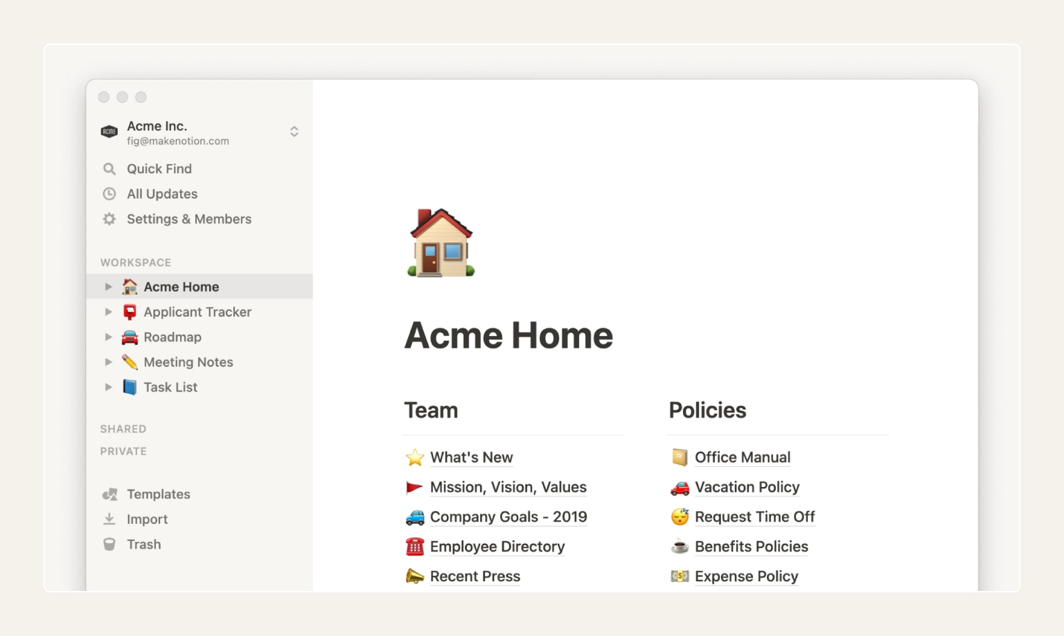Screenshot of a Notion workspace showing a team wiki page with linked databases