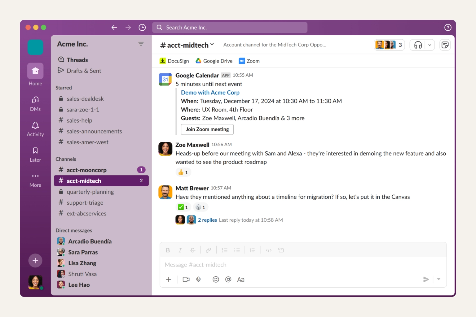 Screenshot of a Slack workspace showing channels and threaded messages