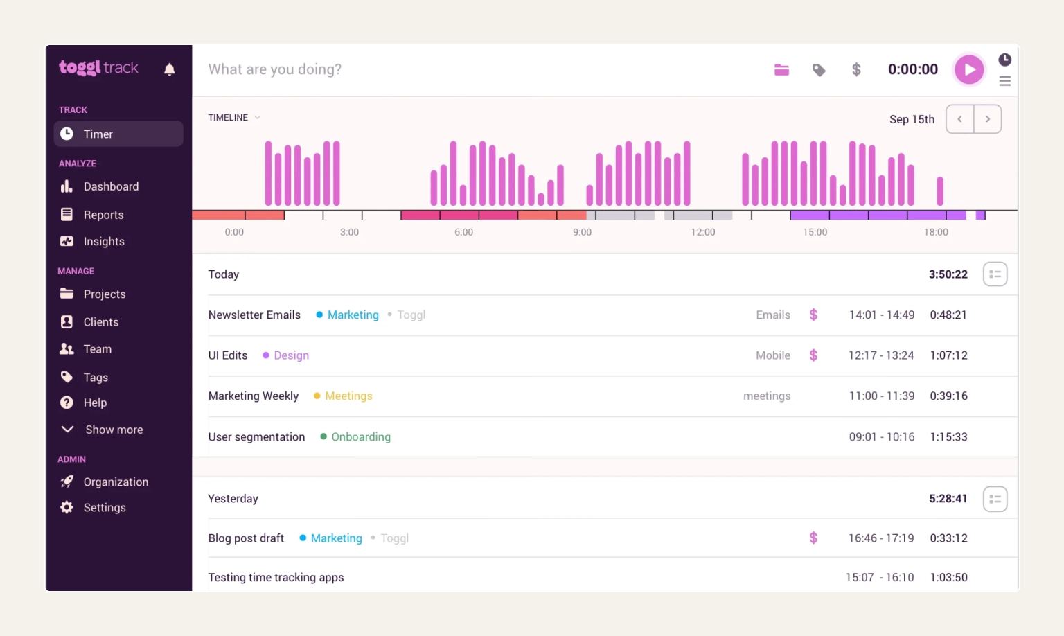 Screenshot of Toggl Track showing a running timer and a weekly time report by project