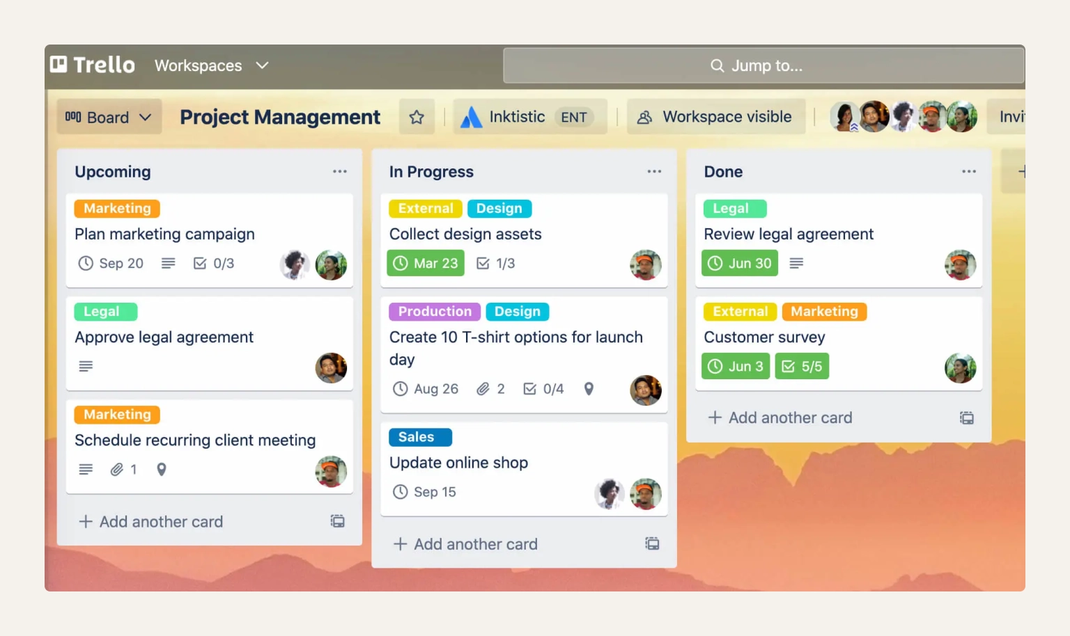 Screenshot of a Trello board showing task cards organized into to-do, doing, and done lists