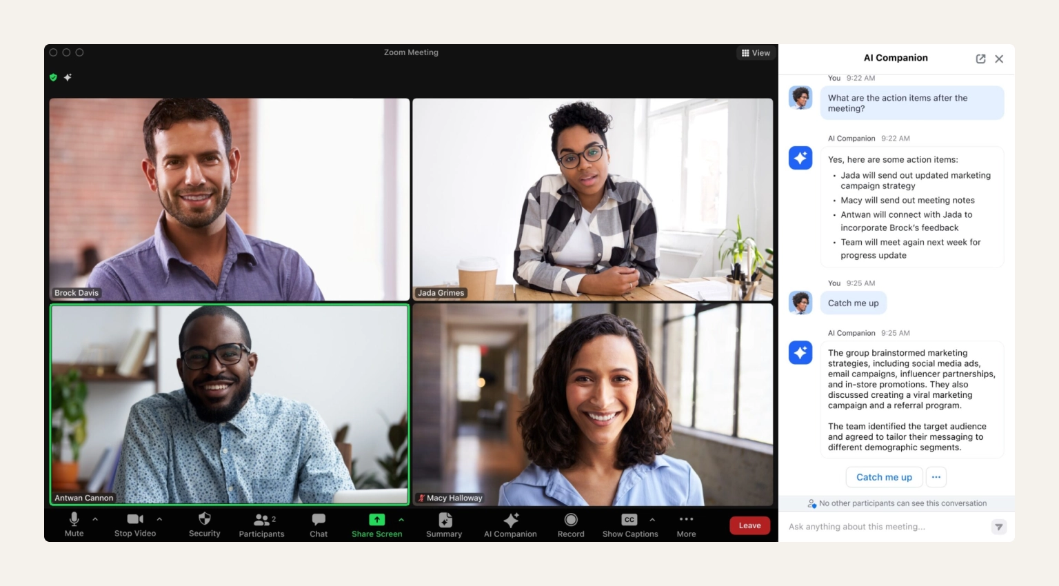 Screenshot of a Zoom video call showing gallery view and meeting controls