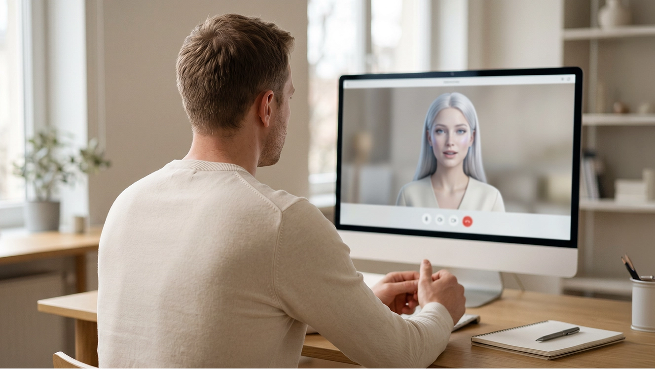 A job candidate in a video interview with an AI interviewer on screen