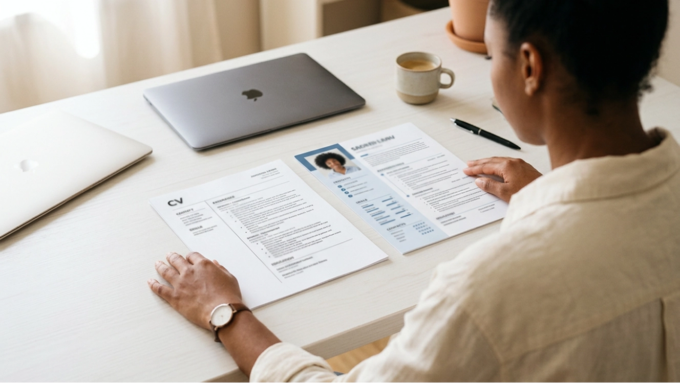 A job seeker reviewing two printed resumes at a desk with a laptop
