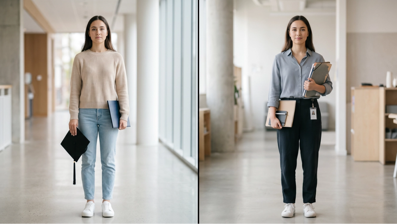 A split image comparing a recent graduate holding a mortarboard with an experienced professional holding work folders