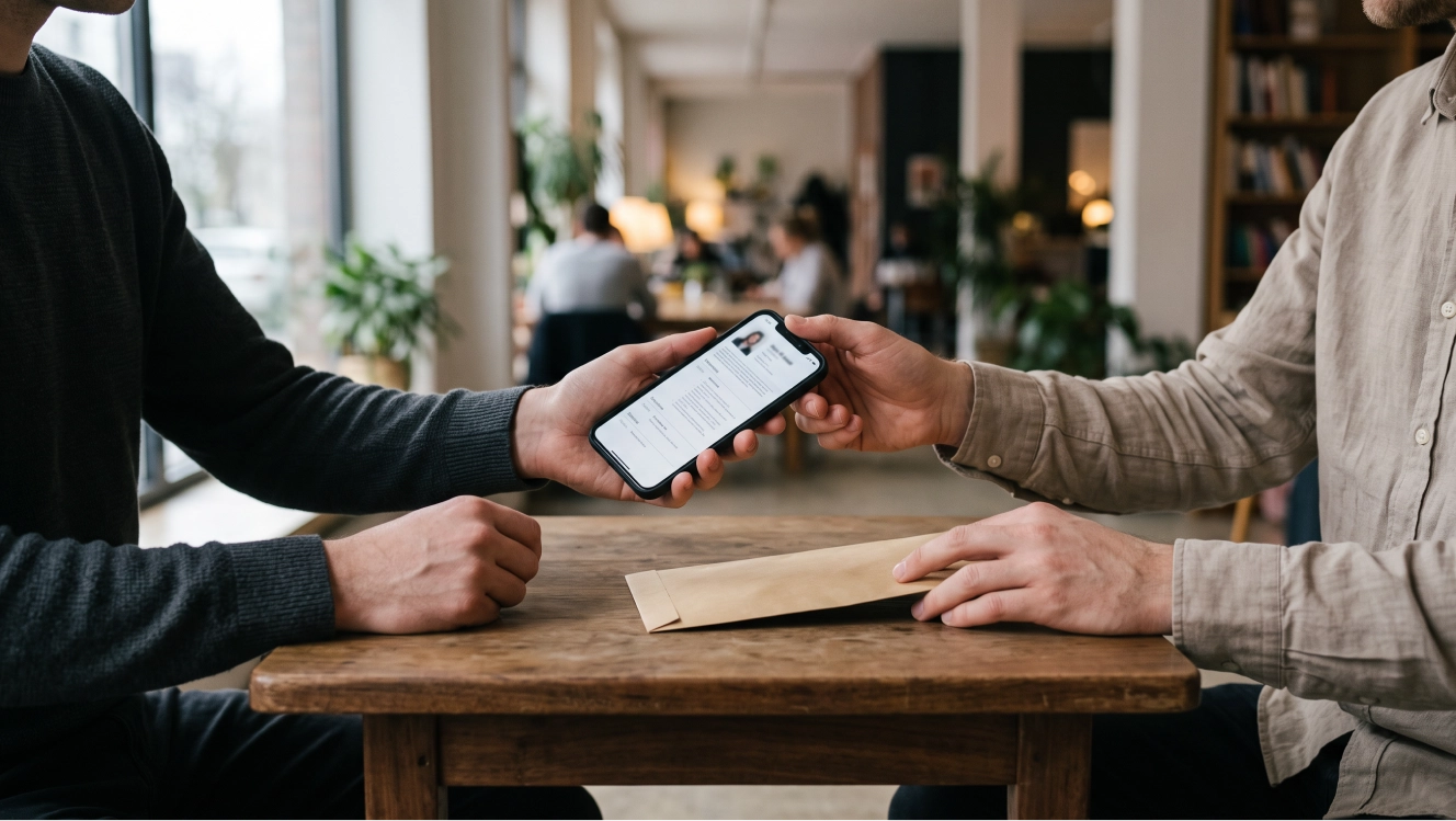Two people at a table, one handing over a phone showing a resume profile