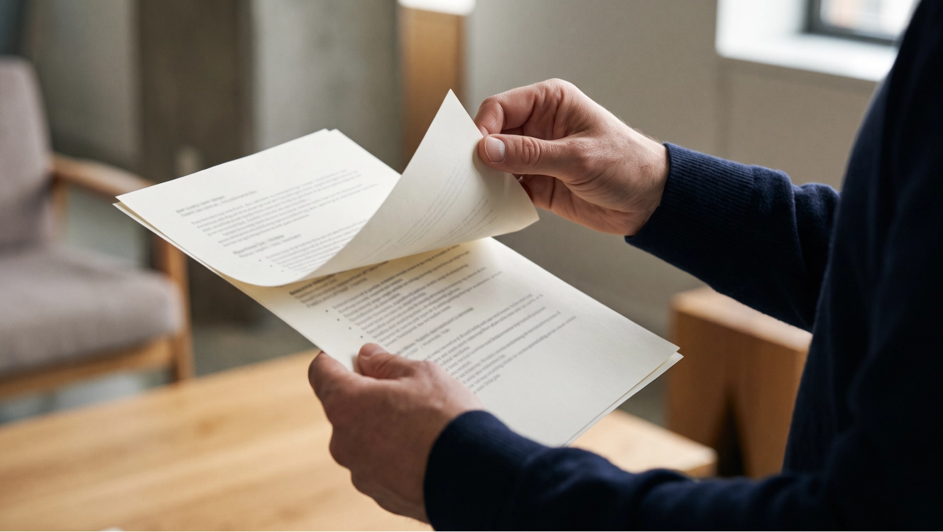 A job seeker flipping between the pages of a printed resume to check its length