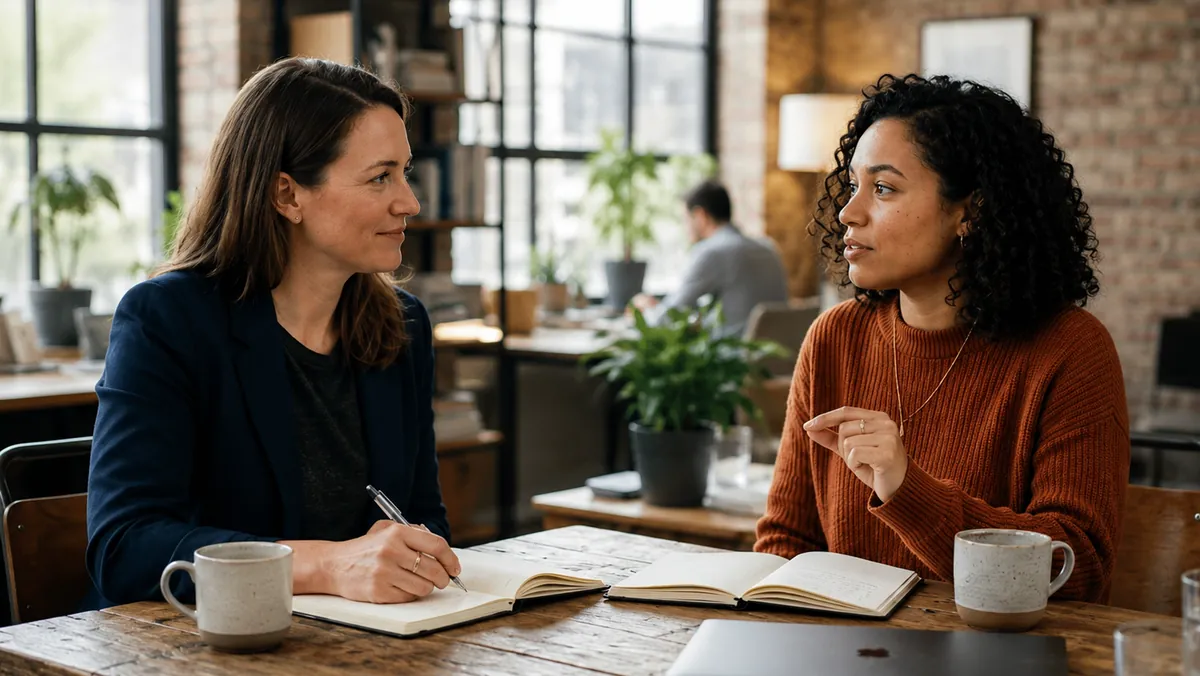 A job seeker discussing career opportunities with a headhunter during a meeting