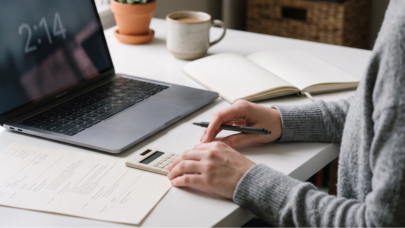 A job seeker at a desk quantifying resume bullet points with a calculator and notebook