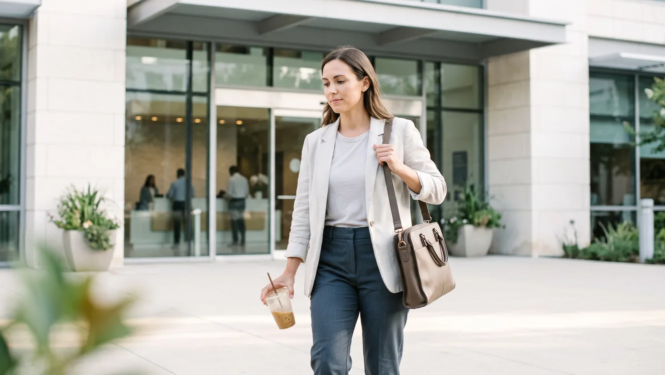 A job candidate holding an iced coffee outside an office before an interview