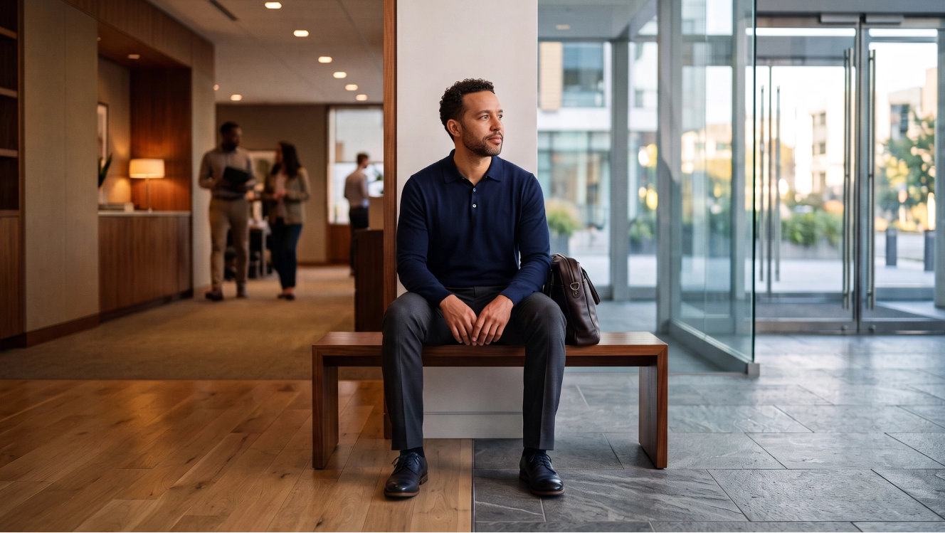 A professional sitting on a bench in an office lobby with a work bag, looking toward the entrance