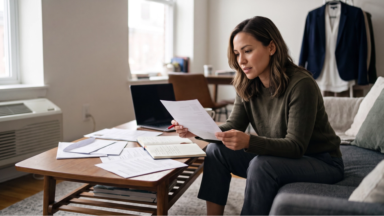 A job seeker sitting at a coffee table reviewing printed resumes and application notes