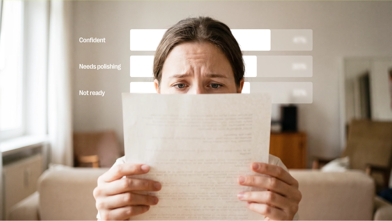 A worried job seeker holding a resume, with confident, needs-polishing, and not-ready labels overlaid