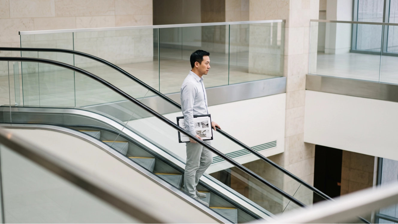 A professional in business-casual clothes riding a descending escalator while holding a portfolio