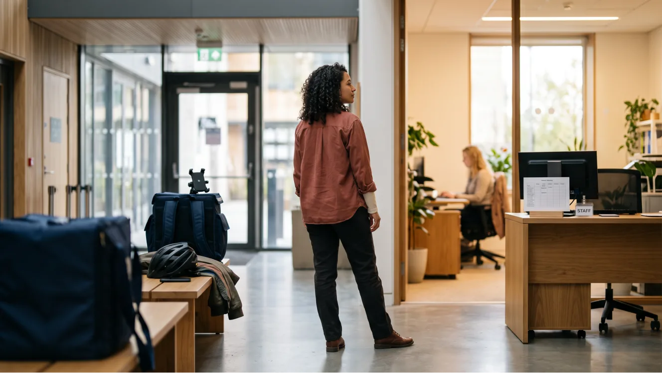 A job seeker arriving at a workplace reception area for a part-time shift