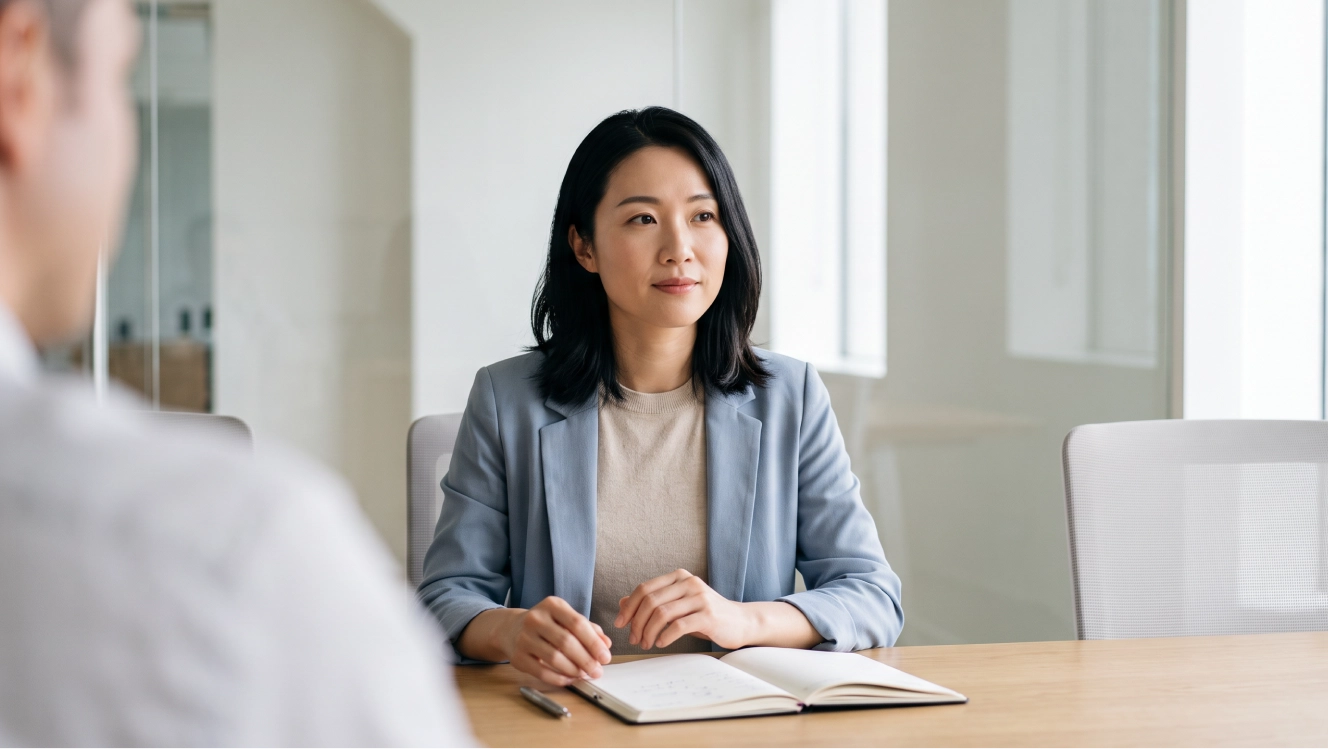 A candidate listening attentively at the end of a job interview, deciding what questions to ask