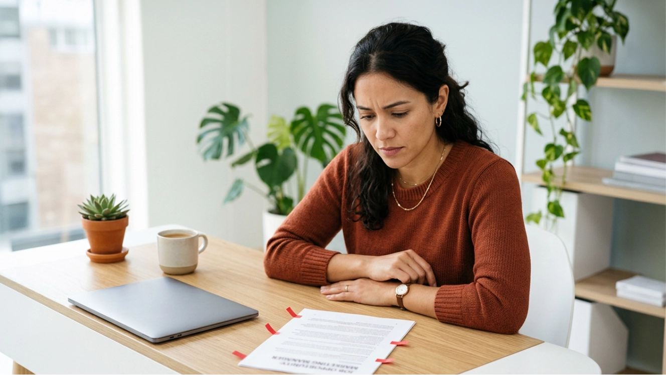 A job seeker at a desk warily reading a printed job ad marked with red flags