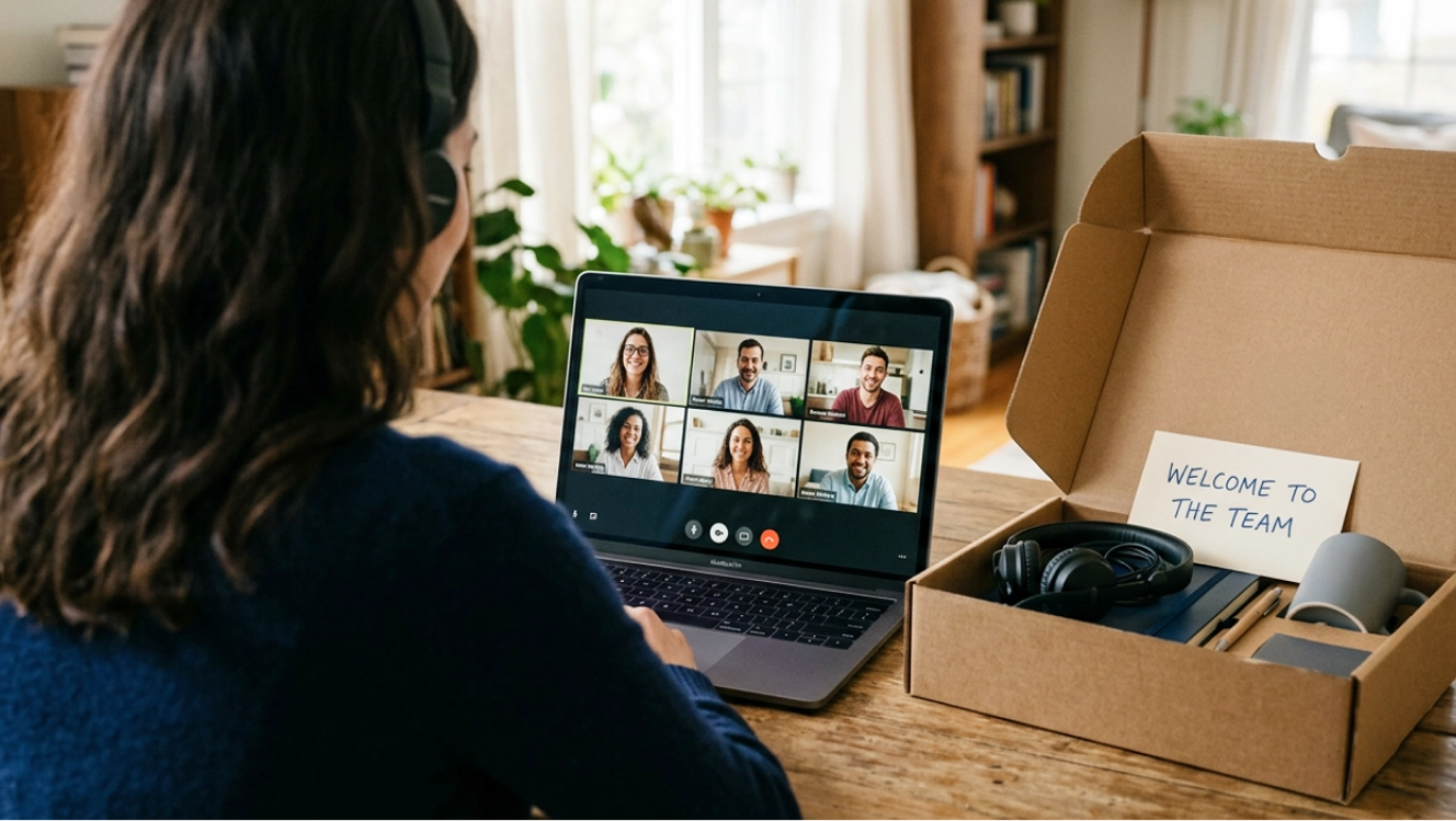 A new remote employee at a home desk on a video onboarding call