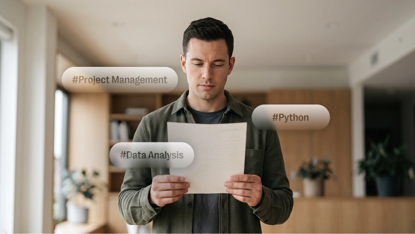A job seeker reading a printed resume with Project Management, Python, and Data Analysis keyword tags floating around it