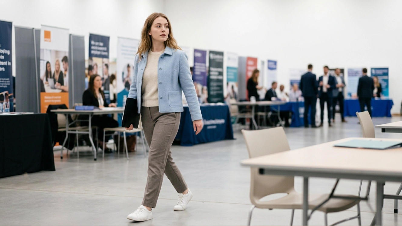 A graduate walking through a job fair past employer stands with a portfolio under one arm
