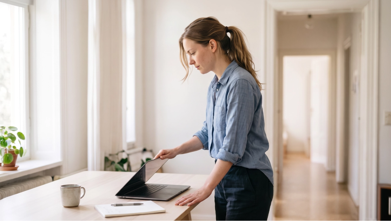 A job seeker standing at a table reading a job posting on a laptop
