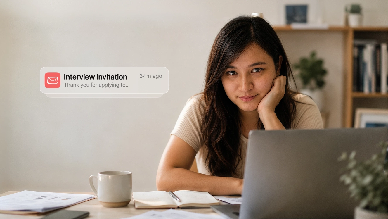 A discouraged job seeker at a desk beside an "Interview Invitation" phone notification